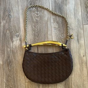Women's Woven Leather Shoulder Bag in Dark Brown with Gold Chain sardine